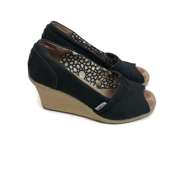 TOMS Classic Black Canvas Heels Wedges Espadrilles